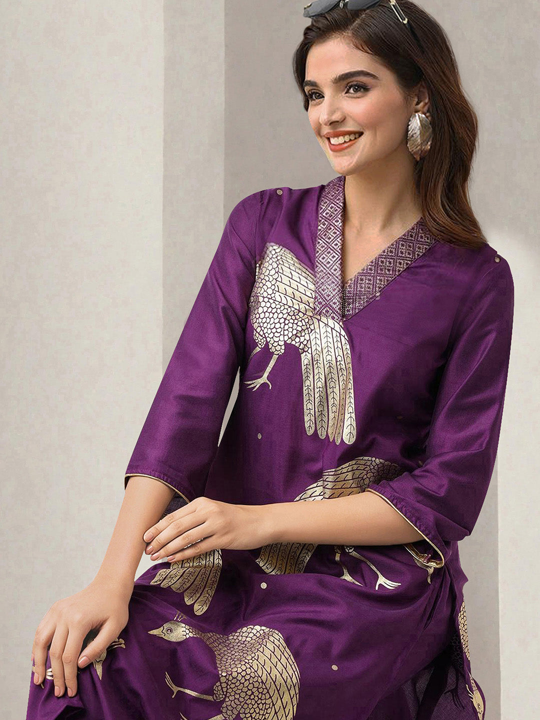 Soft Purple  Chinon Foil Printed Straight Fit Kurta Set