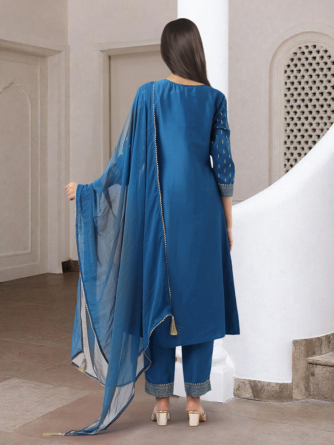 Graceful Teal  polyester Foil Printed Anarkali kurta set with dupatta