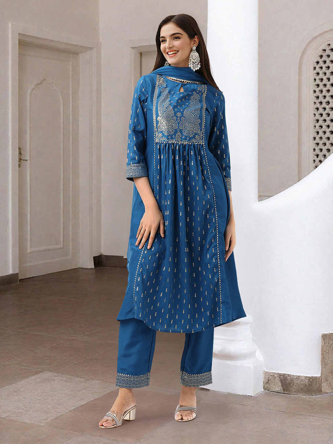 Graceful Teal  polyester Foil Printed Anarkali kurta set with dupatta