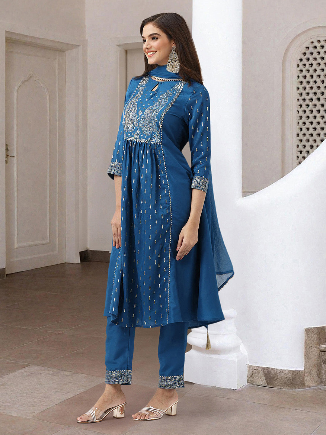 Graceful Teal  polyester Foil Printed Anarkali kurta set with dupatta