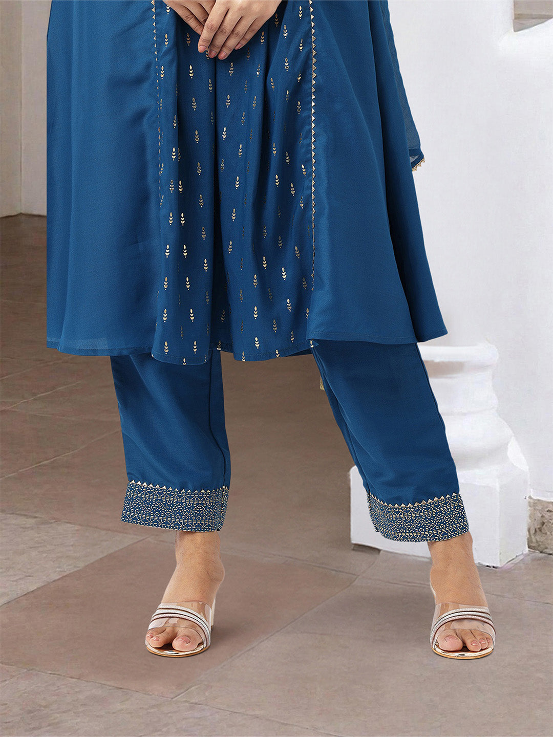 Graceful Teal  polyester Foil Printed Anarkali kurta set with dupatta