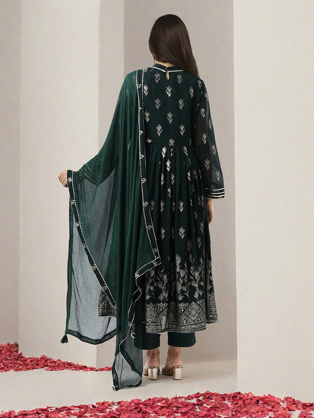Flowy Green Georgette Fit & Flare Kurta Set with gotta patti dupatta