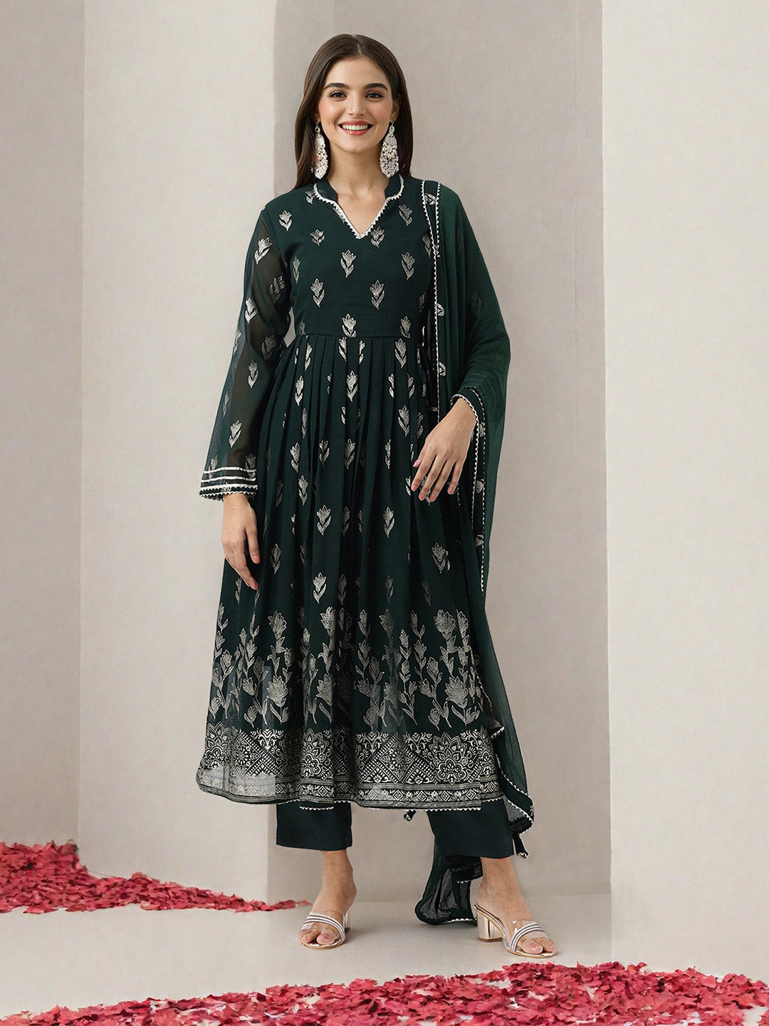 Flowy Green Georgette Fit & Flare Kurta Set with gotta patti dupatta