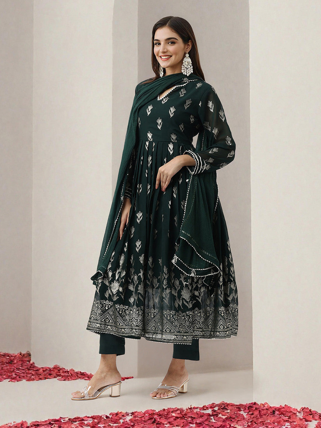 Flowy Green Georgette Fit & Flare Kurta Set with gotta patti dupatta