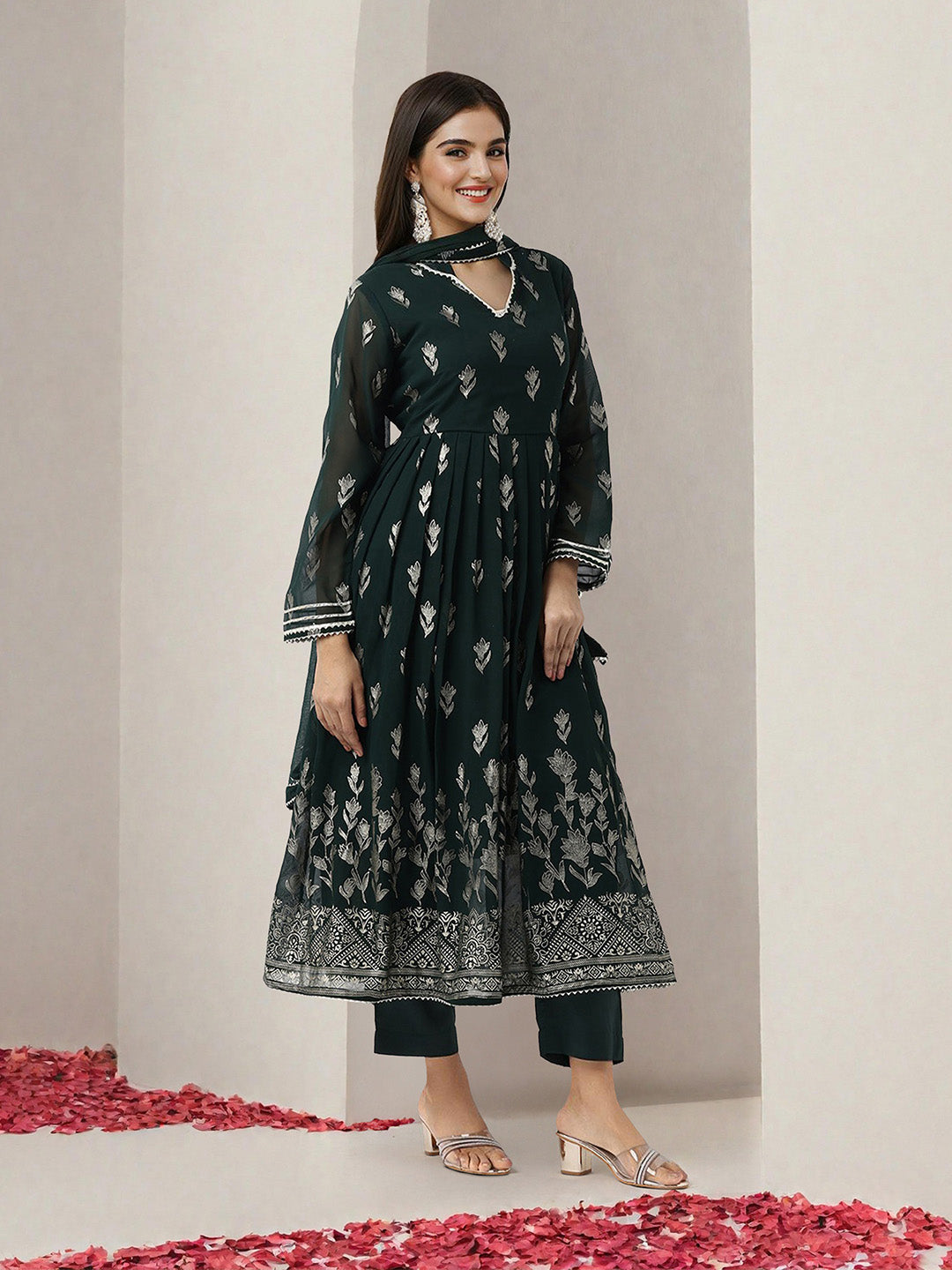 Flowy Green Georgette Fit & Flare Kurta Set with gotta patti dupatta