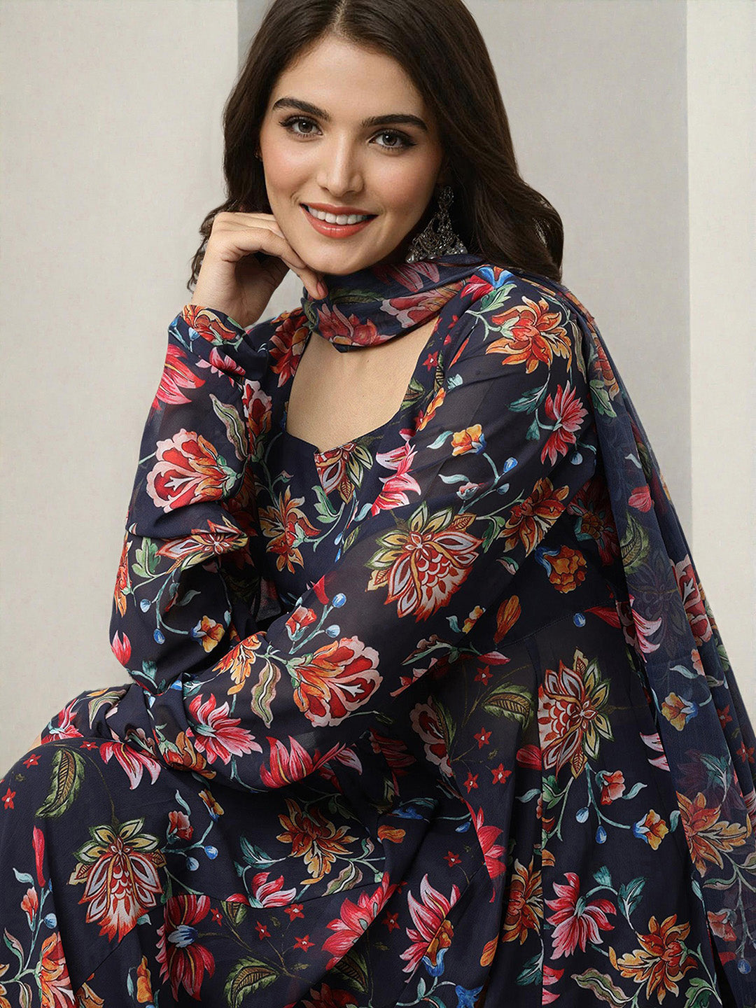 Graceful Navy Blue Polyester Printed fit and flare Kurta set with dupatta