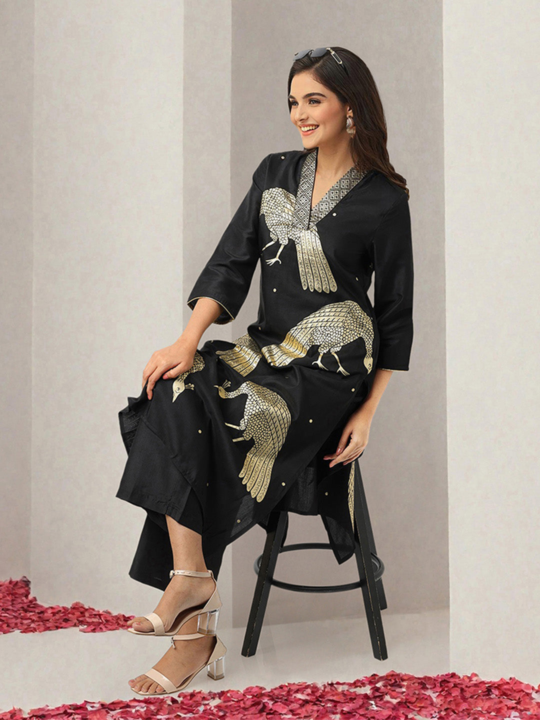 Soft  Black Chinon Foil Printed Straight Fit Kurta Set