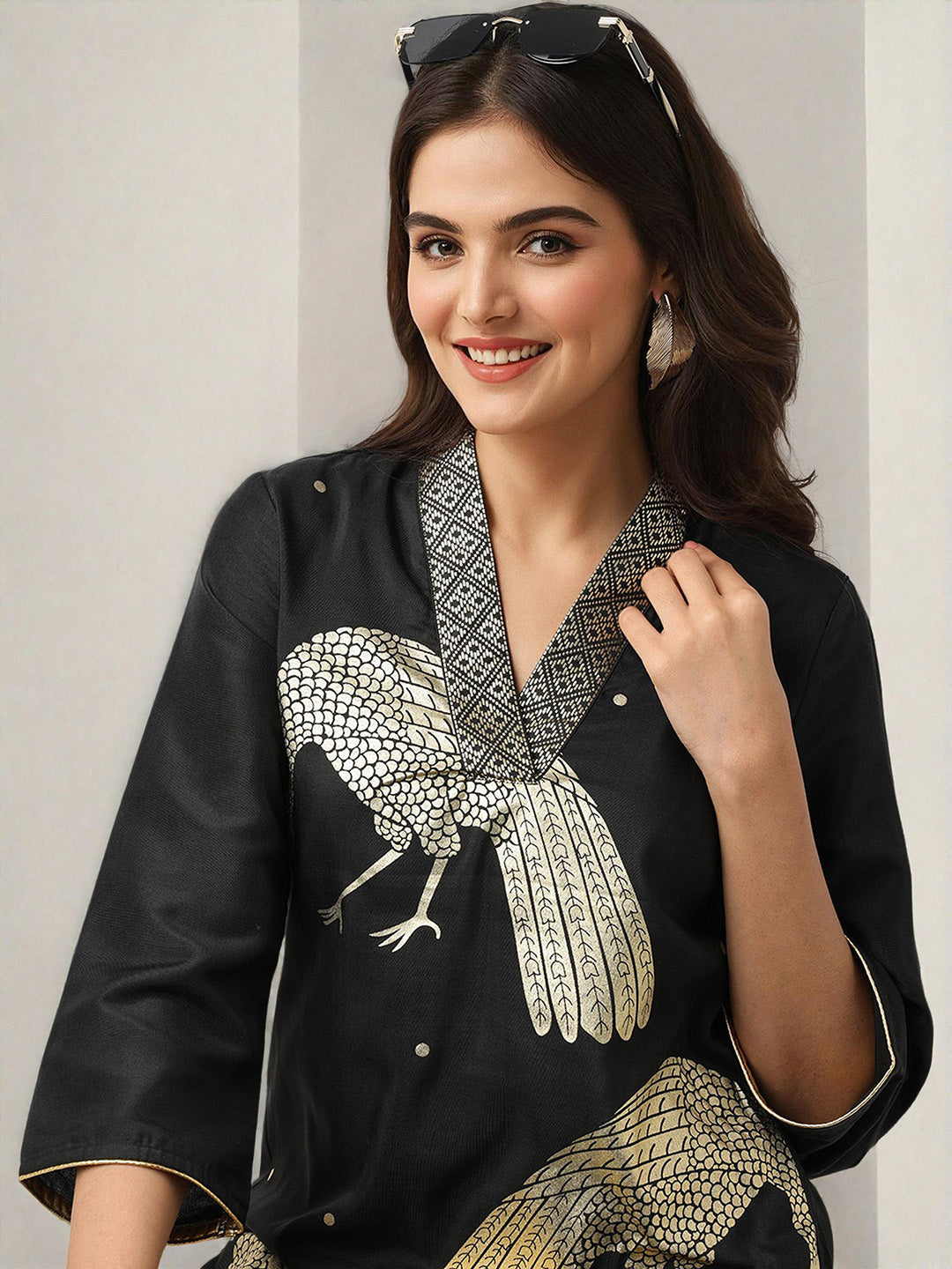 Soft  Black Chinon Foil Printed Straight Fit Kurta Set