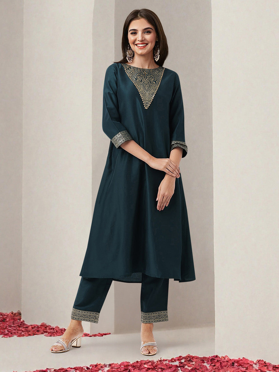 Rich green Polyester foil printed A line kurta set