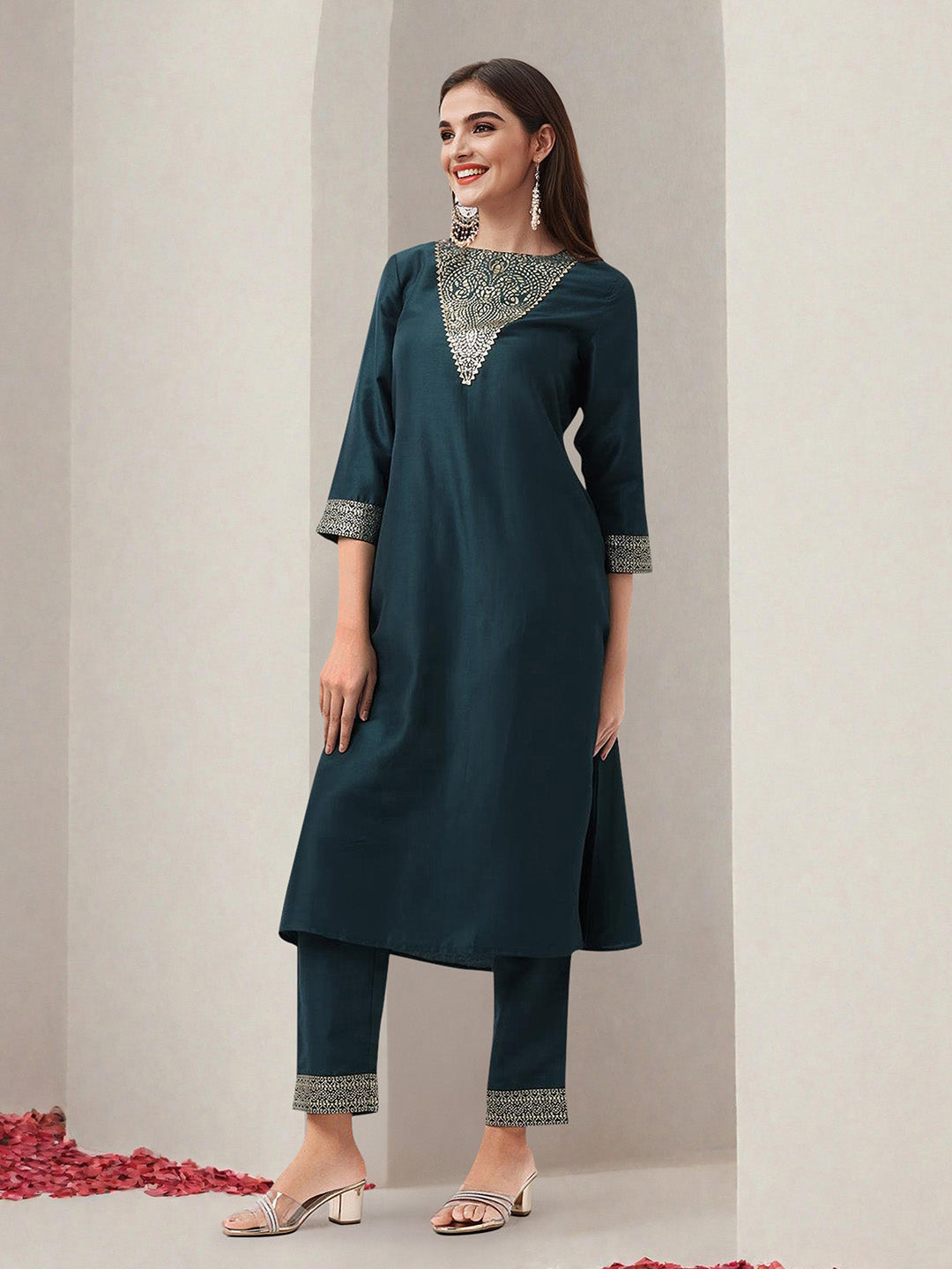 Rich green Polyester foil printed A line kurta set