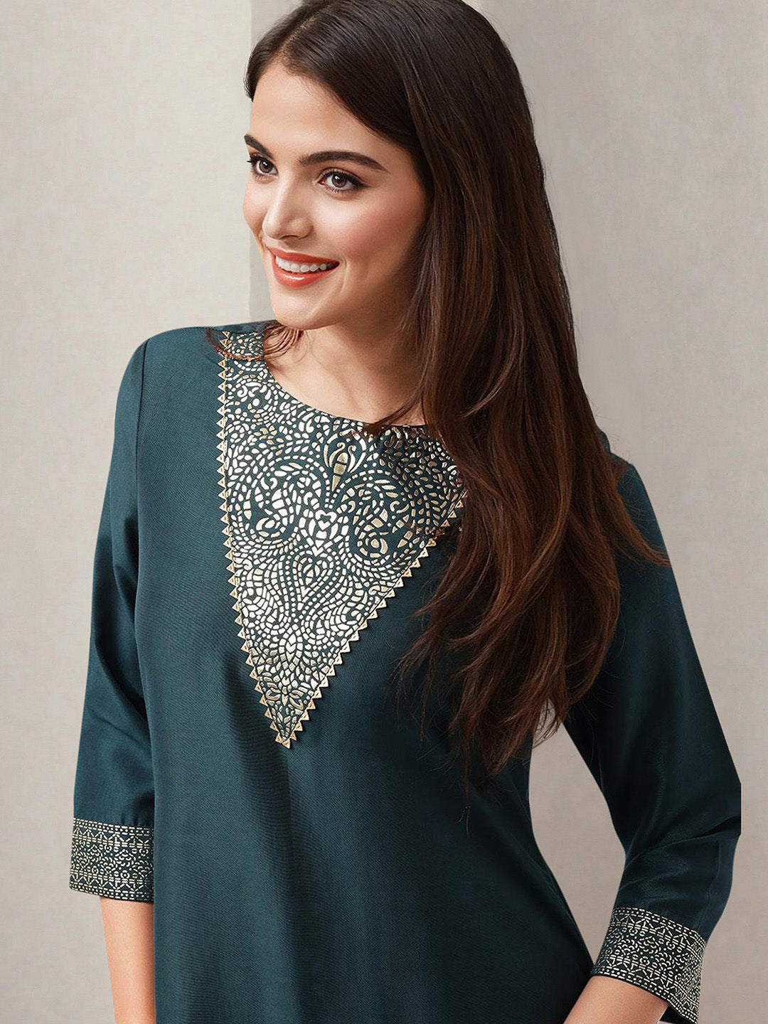 Rich green Polyester foil printed A line kurta set