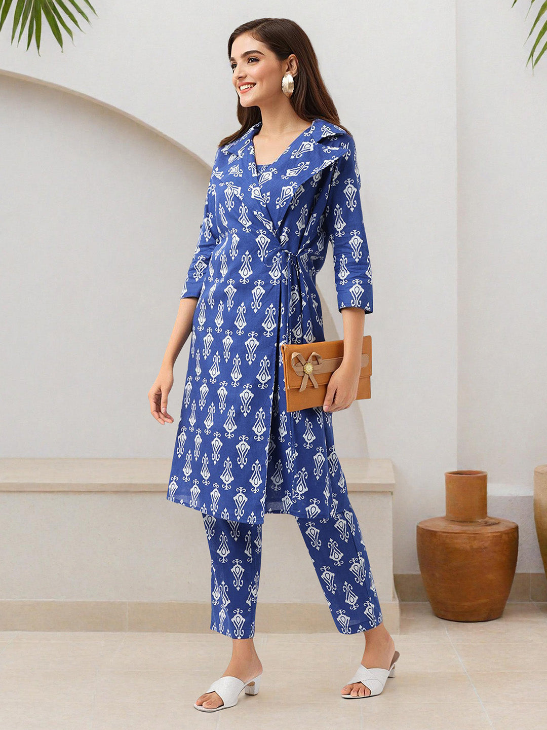 Comfy blue Cotton Printed Regular fit co-ords with  lapel collar