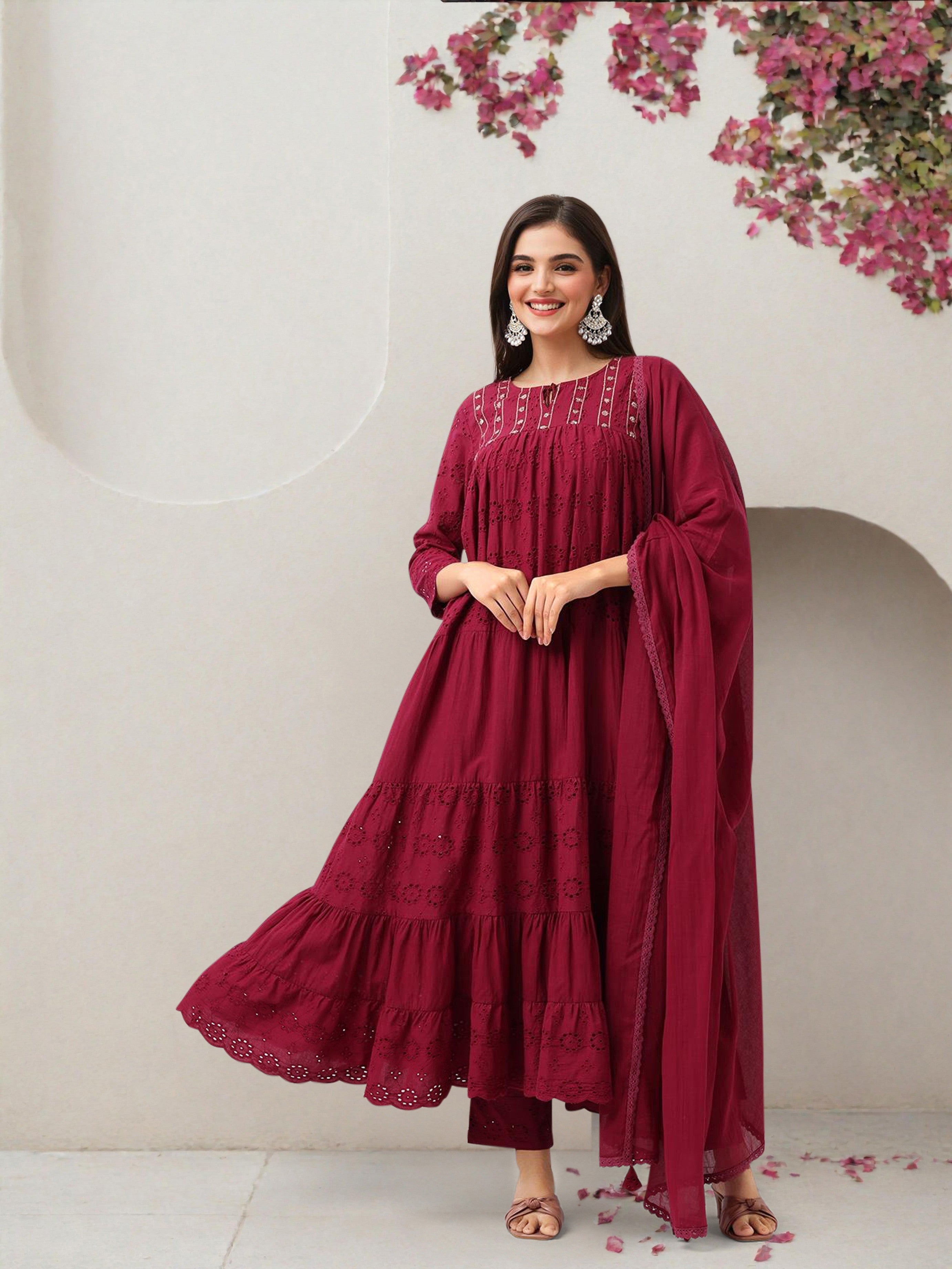 Comfy Maroon Cotton Schiffli Tiered Fit Kurta Set with lace detailed dupatta