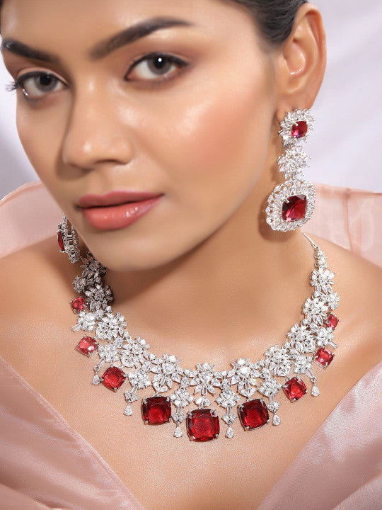 Ishin Red  Colour Silver Plated American Diamond Jewellery Set