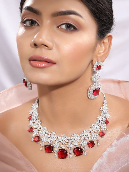 Ishin Red  Colour Silver Plated American Diamond Jewellery Set
