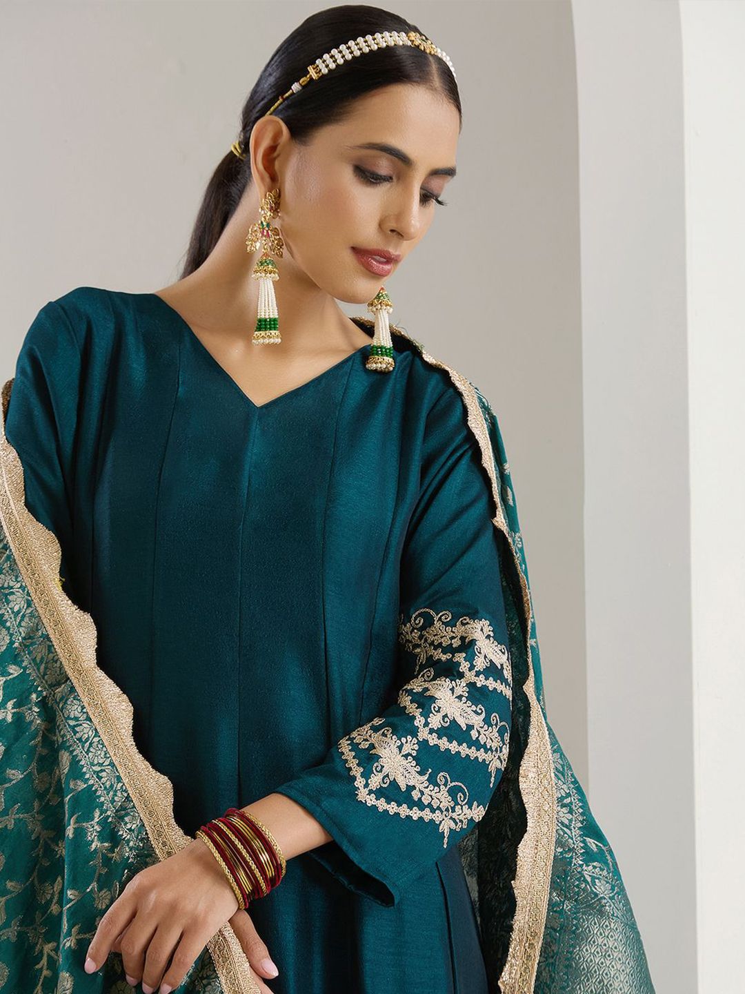 Rich Blended Green Zari Embroidered Anarkali Dress With Brocade Dupatta And Latkhans