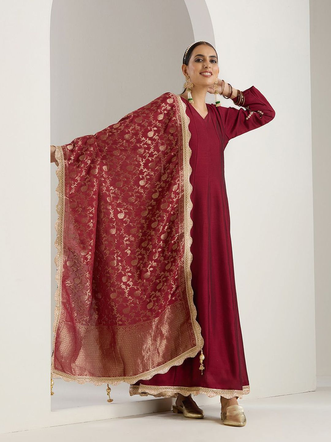 Rich Blended Burgundy Zari Embroidered Anarkali Dress With Brocade Dupatta And Latkhans