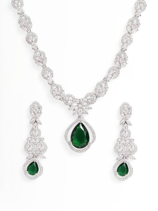 Ishin Green  Colour Silver Plated American Diamond Jewellery Set