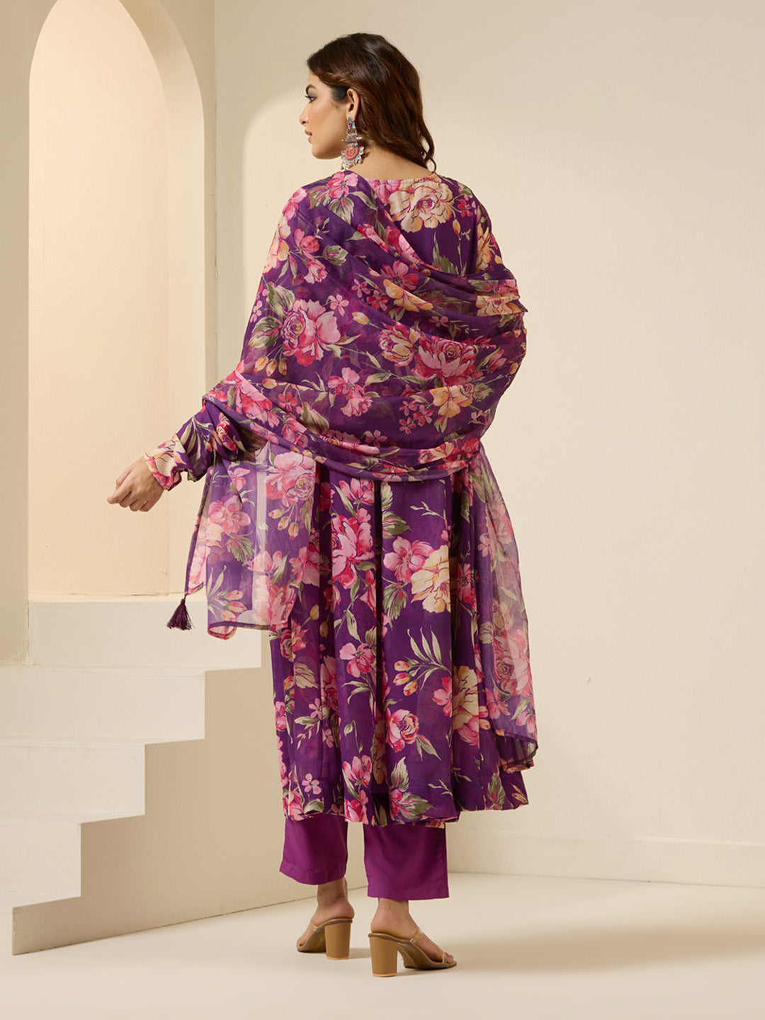 Graceful purple Polyester Printed fit and flare Kurta set with dupatta