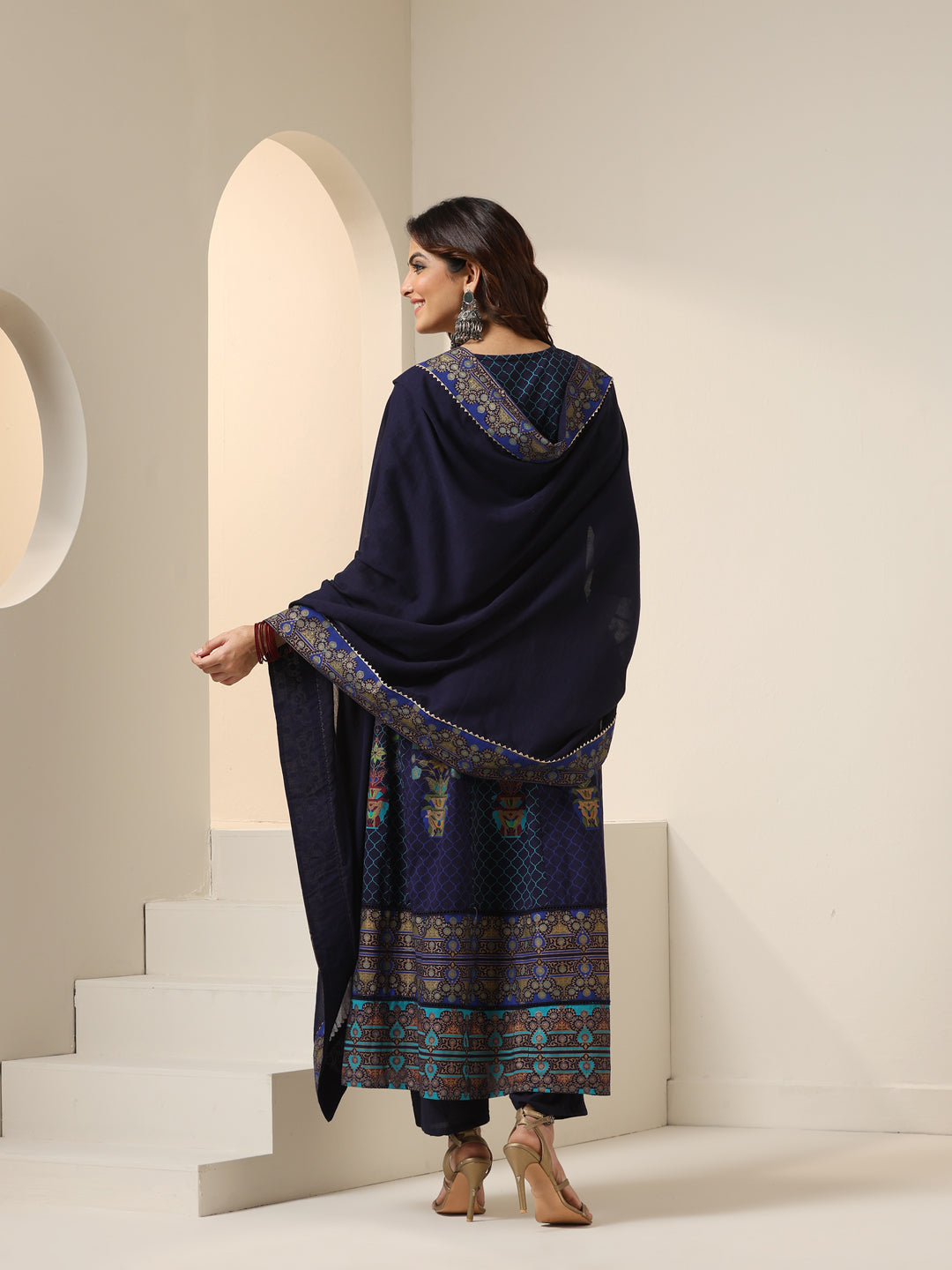 Navy Blue Soft Cotton Foil Printed Anarkali Kurta Set With Flowy Dupatta
