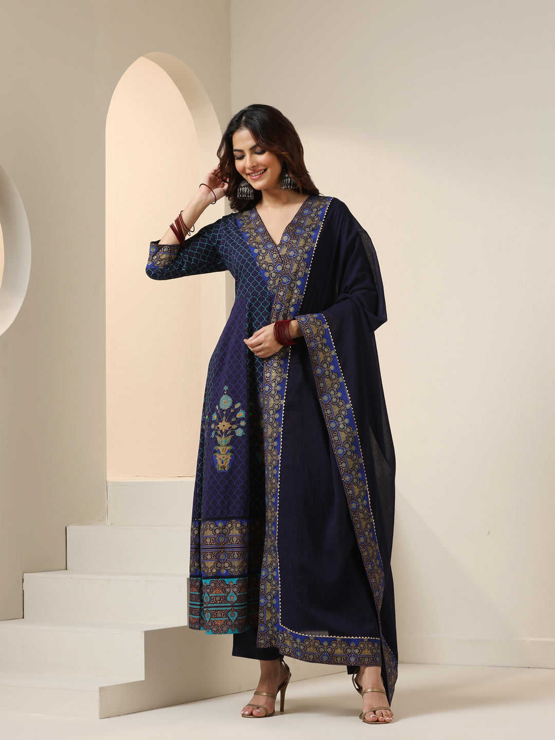Navy Blue Soft Cotton Foil Printed Anarkali Kurta Set With Flowy Dupatta