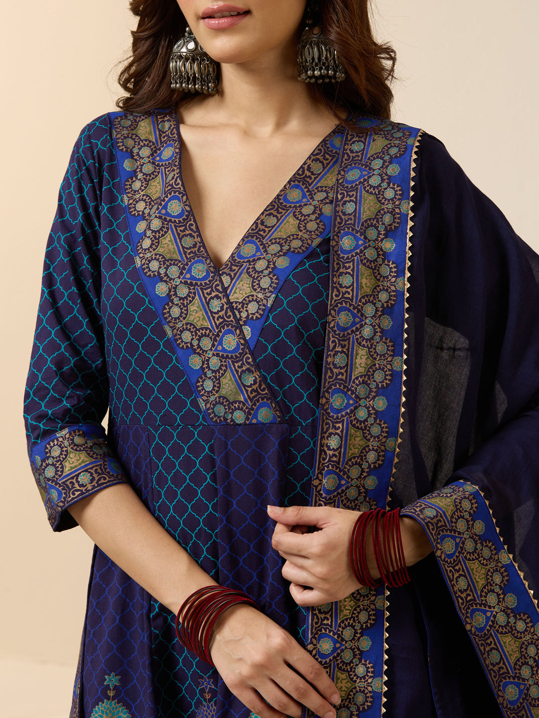 Navy Blue Soft Cotton Foil Printed Anarkali Kurta Set With Flowy Dupatta