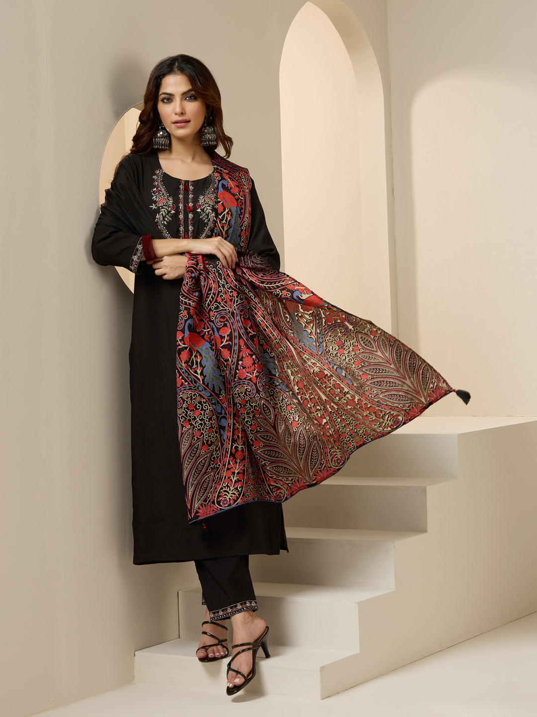 Rich Black Rayon Embroidered Straight Kurta Set With Flowy Dupatta
