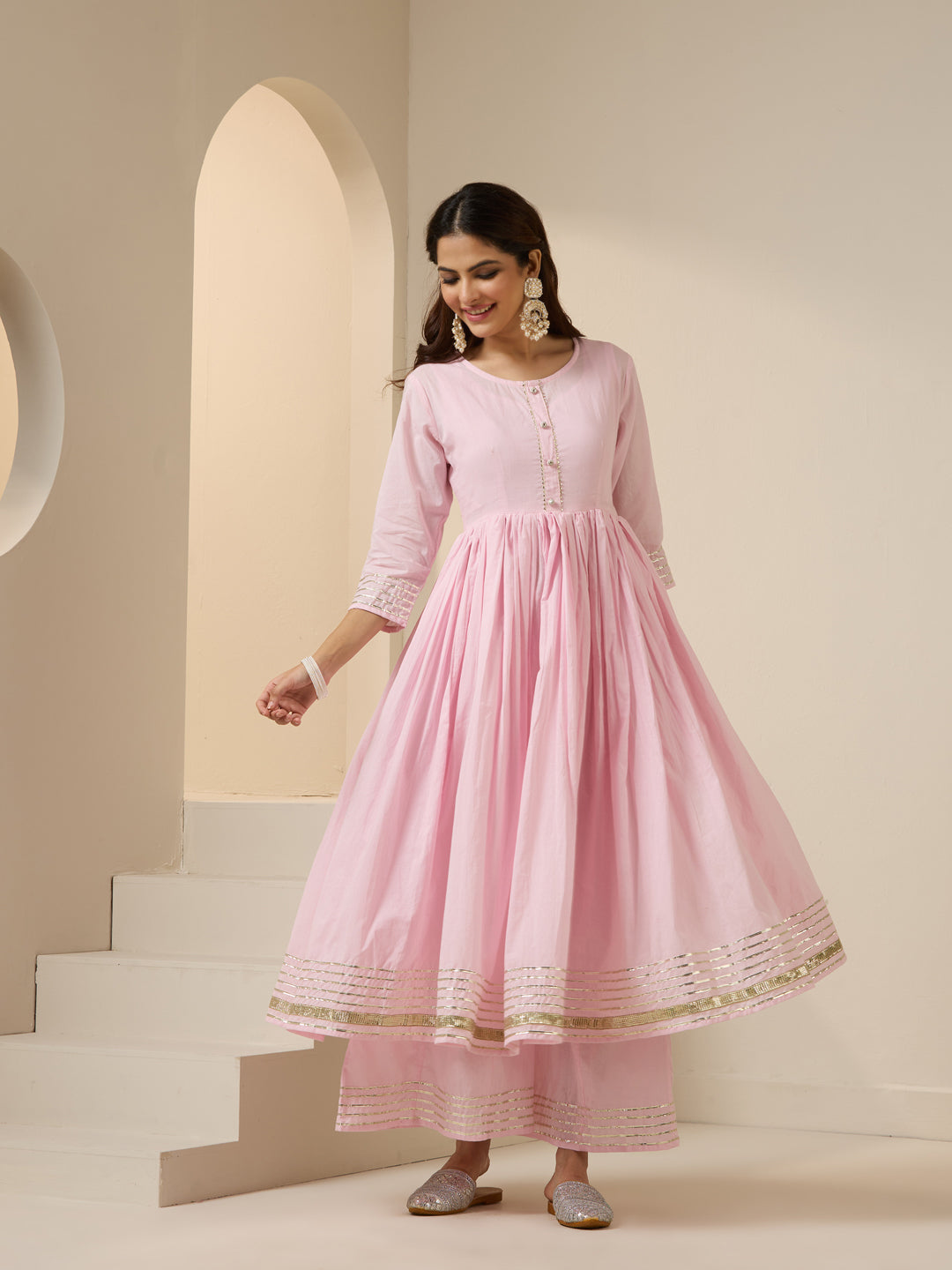 Rich Pink Embroidered Anarkali Kurta Set With Palazzo Bottom And Gotta Patti Dupatta