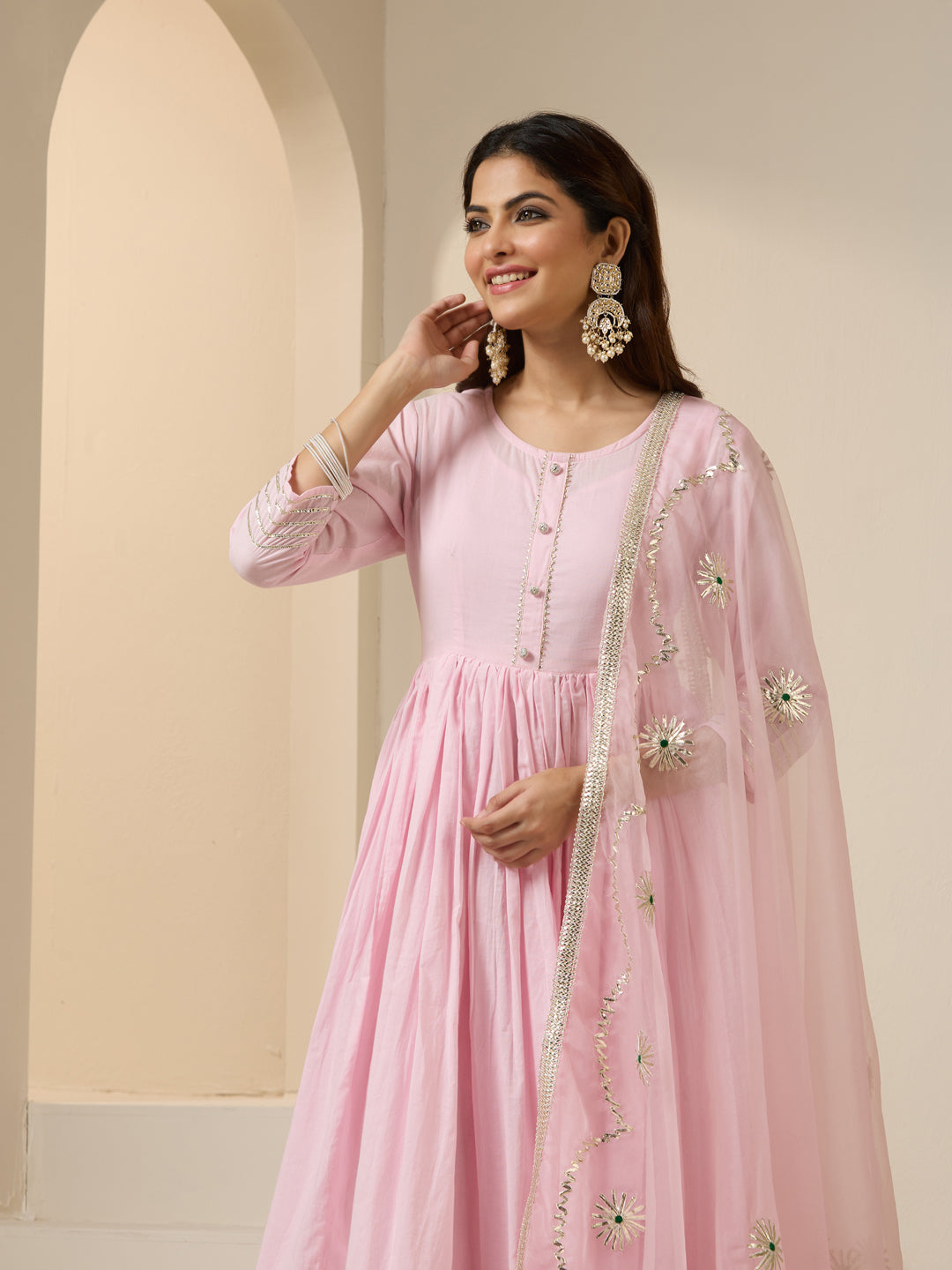 Rich Pink Embroidered Anarkali Kurta Set With Palazzo Bottom And Gotta Patti Dupatta