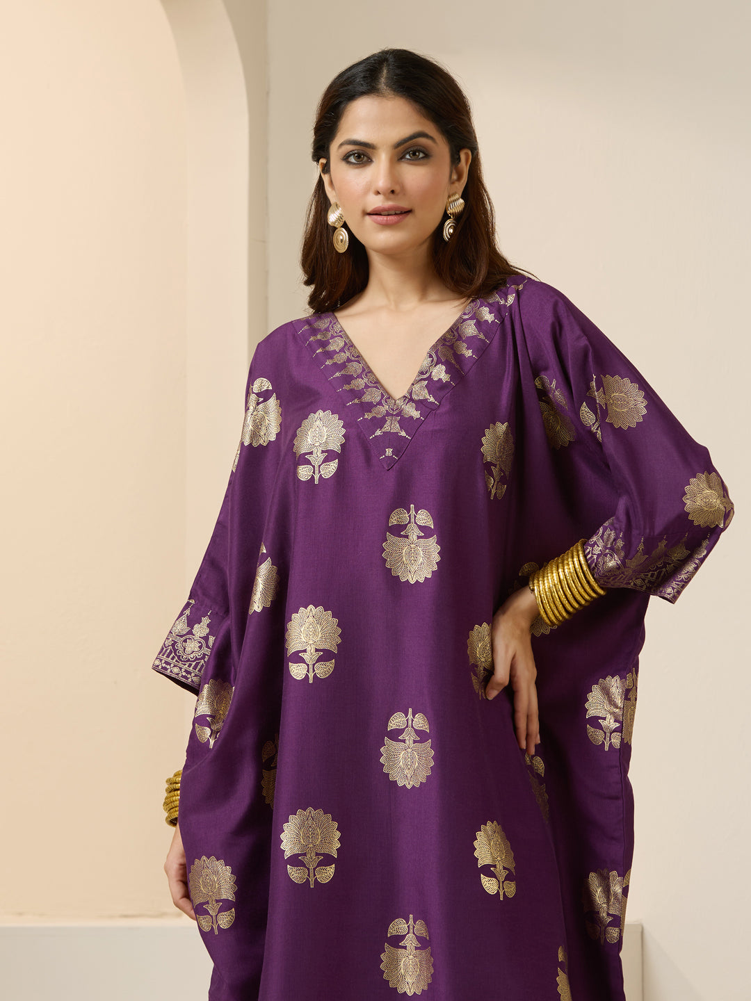 Soft Purple Polyester Chinon Foil Printed Kaftan Kurta Set With Straig