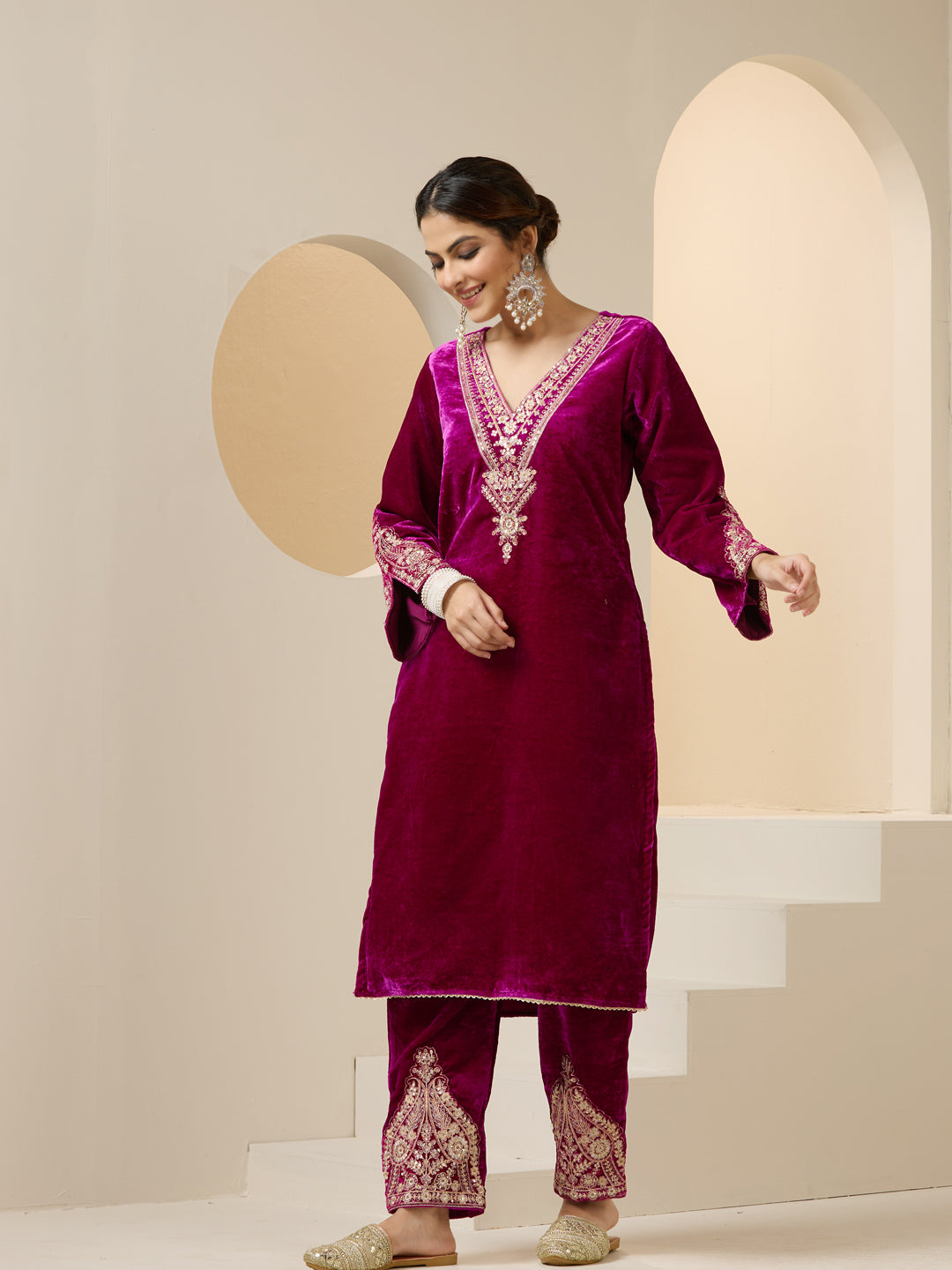 Rich Magenta Velvet Embroidered Straight Kurta Set With Straight Bottom