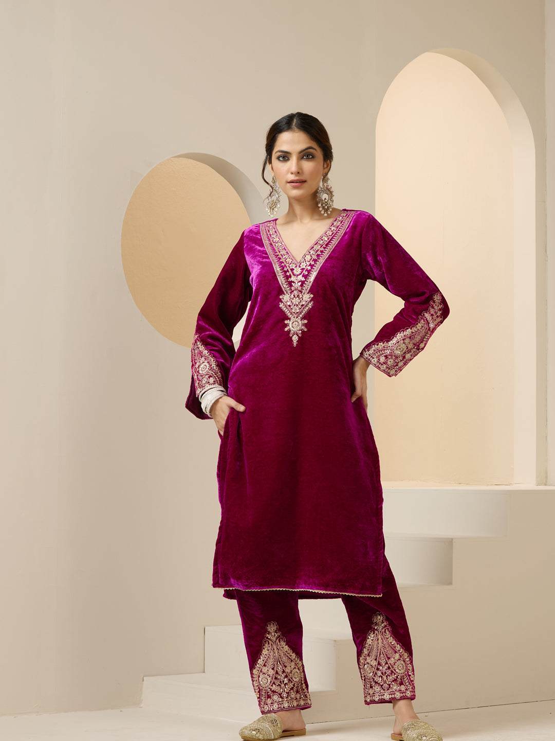 Rich Magenta Velvet Embroidered Straight Kurta Set With Straight Bottom