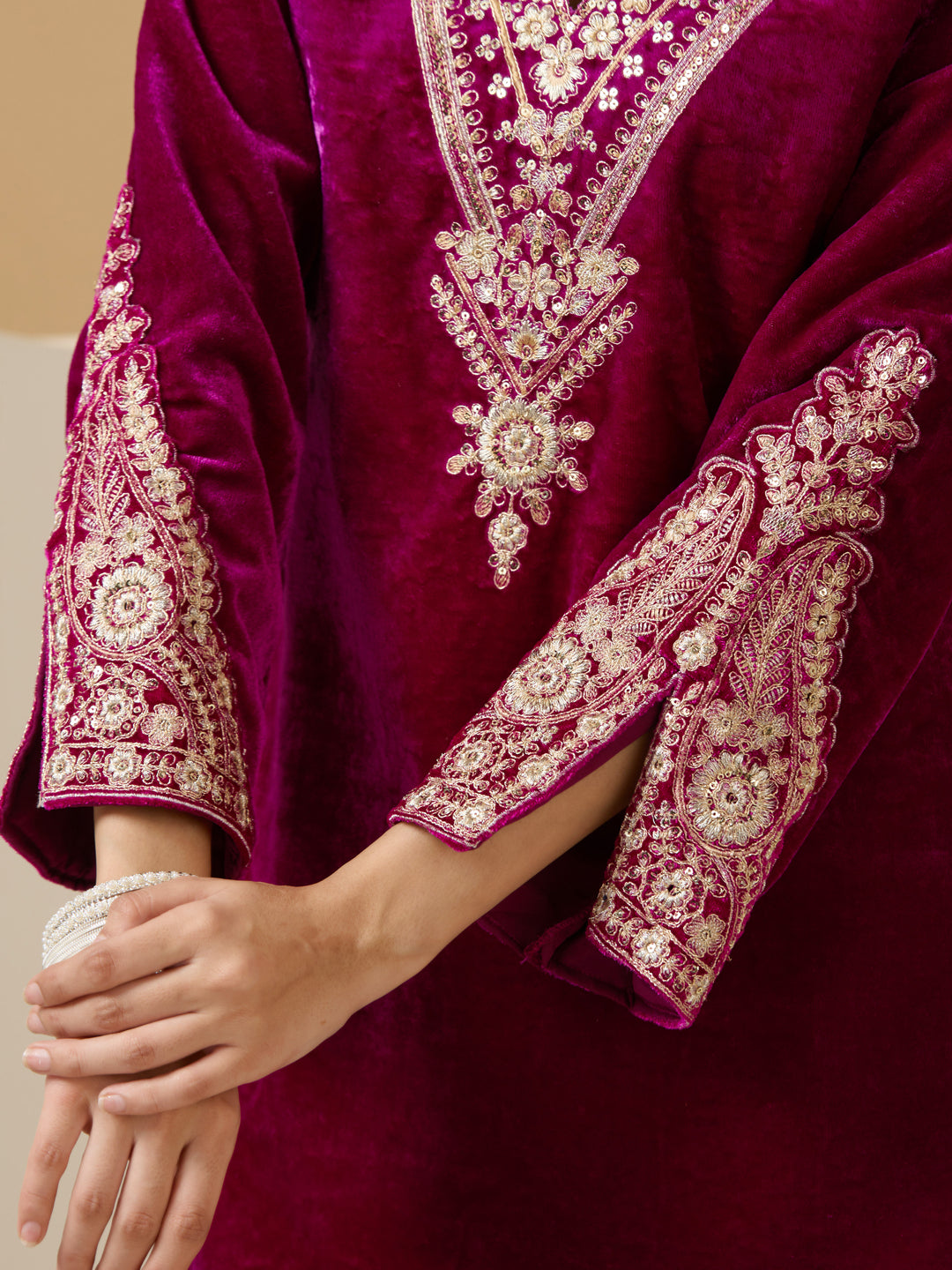 Rich Magenta Velvet Embroidered Straight Kurta Set With Straight Bottom