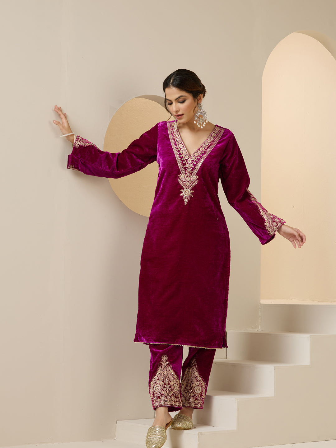 Rich Magenta Velvet Embroidered Straight Kurta Set With Straight Bottom