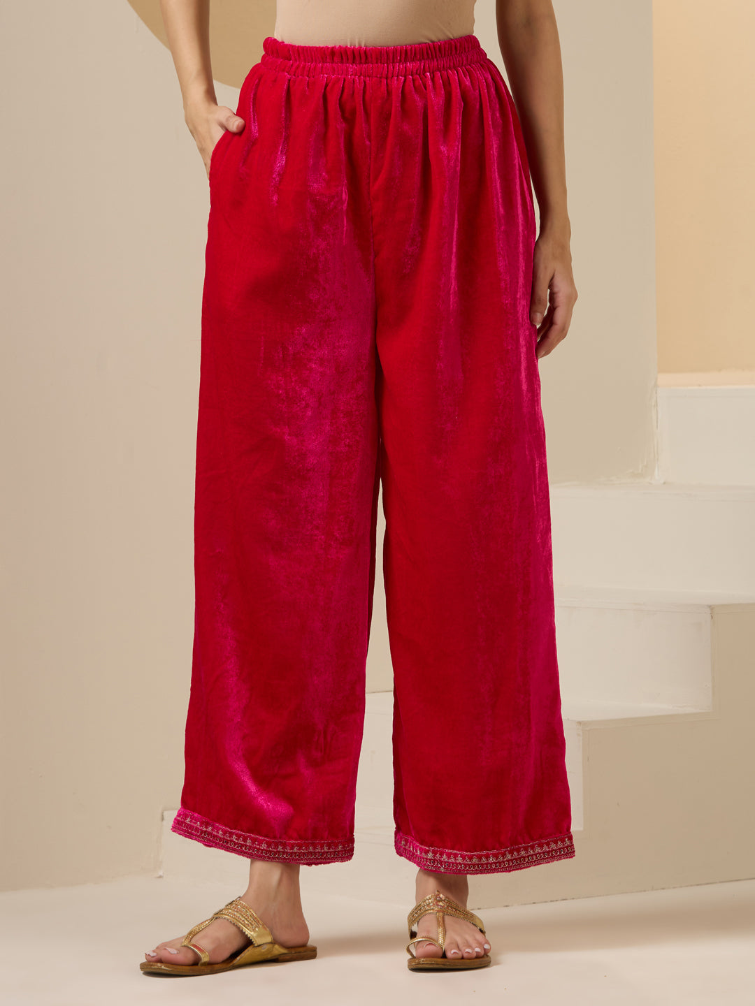 Pink Velvet Zari Embroidered Straight Kurta Set With Flared Bottom