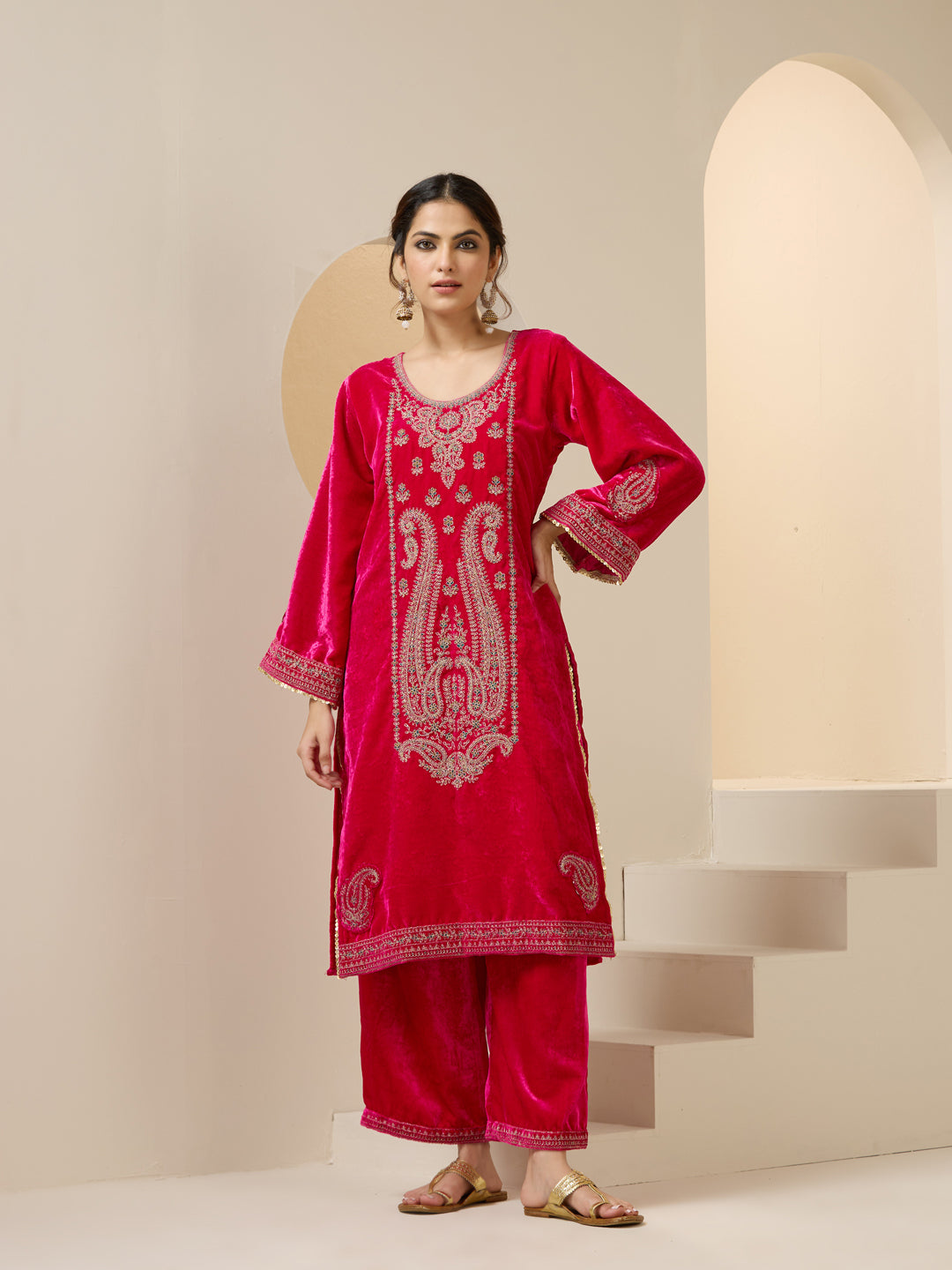 Pink Velvet Zari Embroidered Straight Kurta Set With Flared Bottom