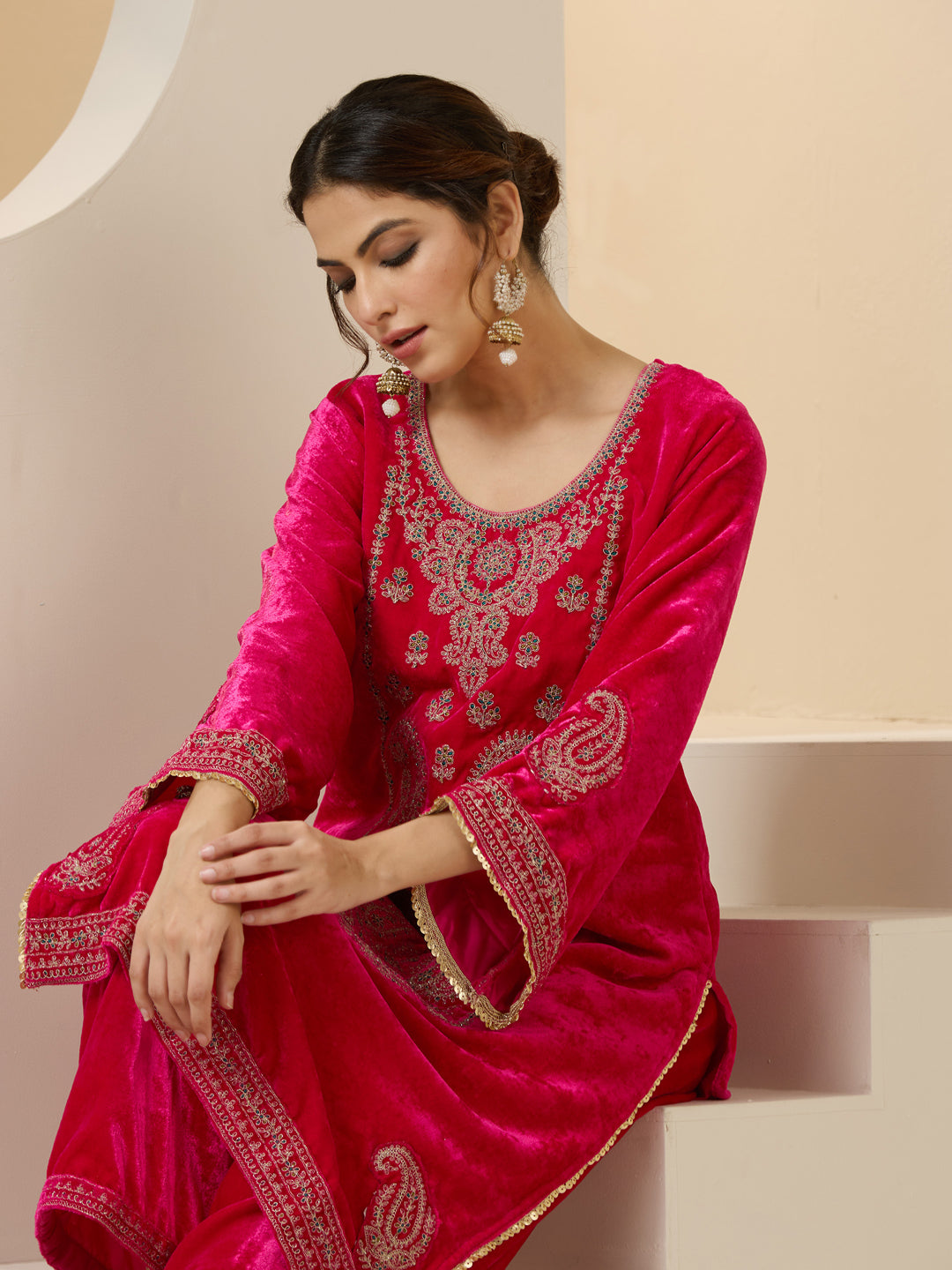 Pink Velvet Zari Embroidered Straight Kurta Set With Flared Bottom