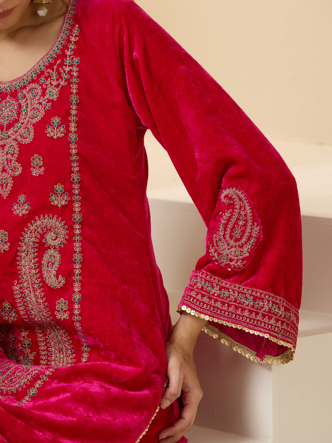 Pink Velvet Zari Embroidered Straight Kurta Set With Flared Bottom