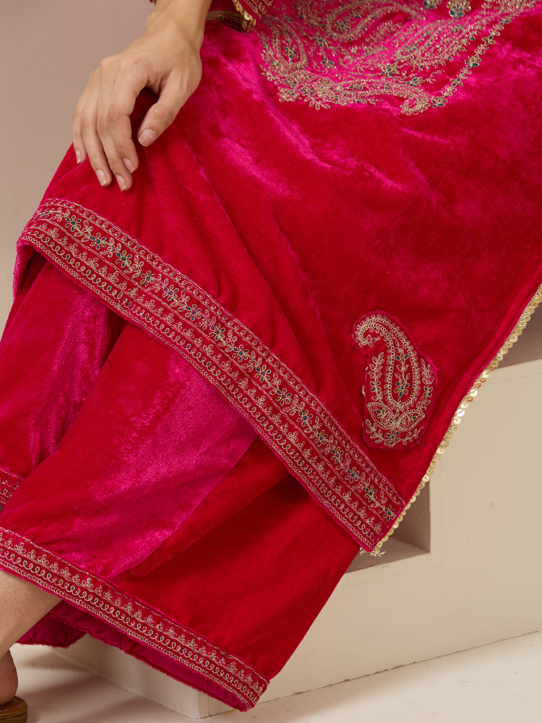 Pink Velvet Zari Embroidered Straight Kurta Set With Flared Bottom