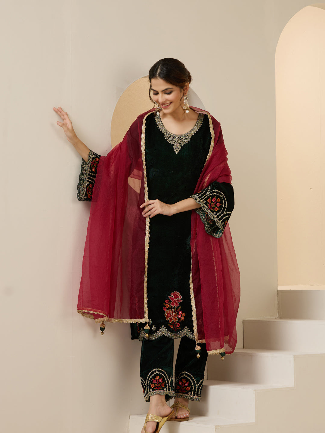Rich Green Velvet Zari Embroidered Straight Kurta Set With Dupatta