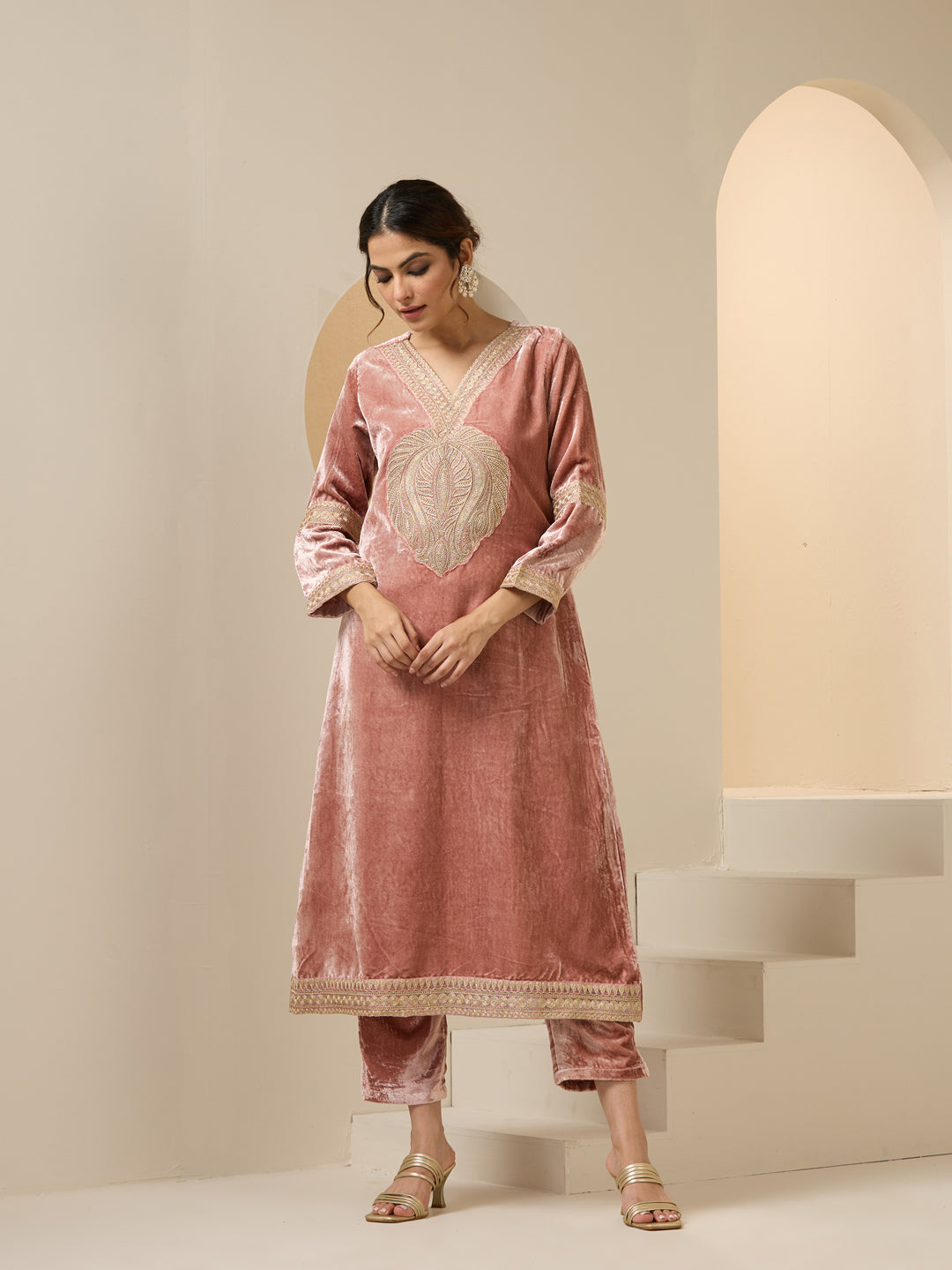 Rich Pink Velvet Embroidered Straight Kurta Set With Dupatta