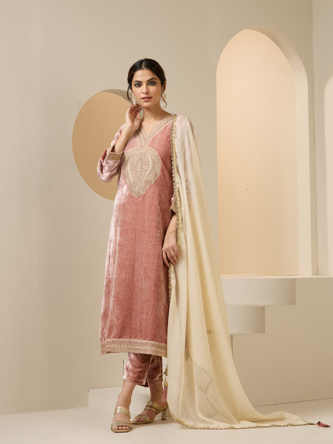 Rich Pink Velvet Embroidered Straight Kurta Set With Dupatta