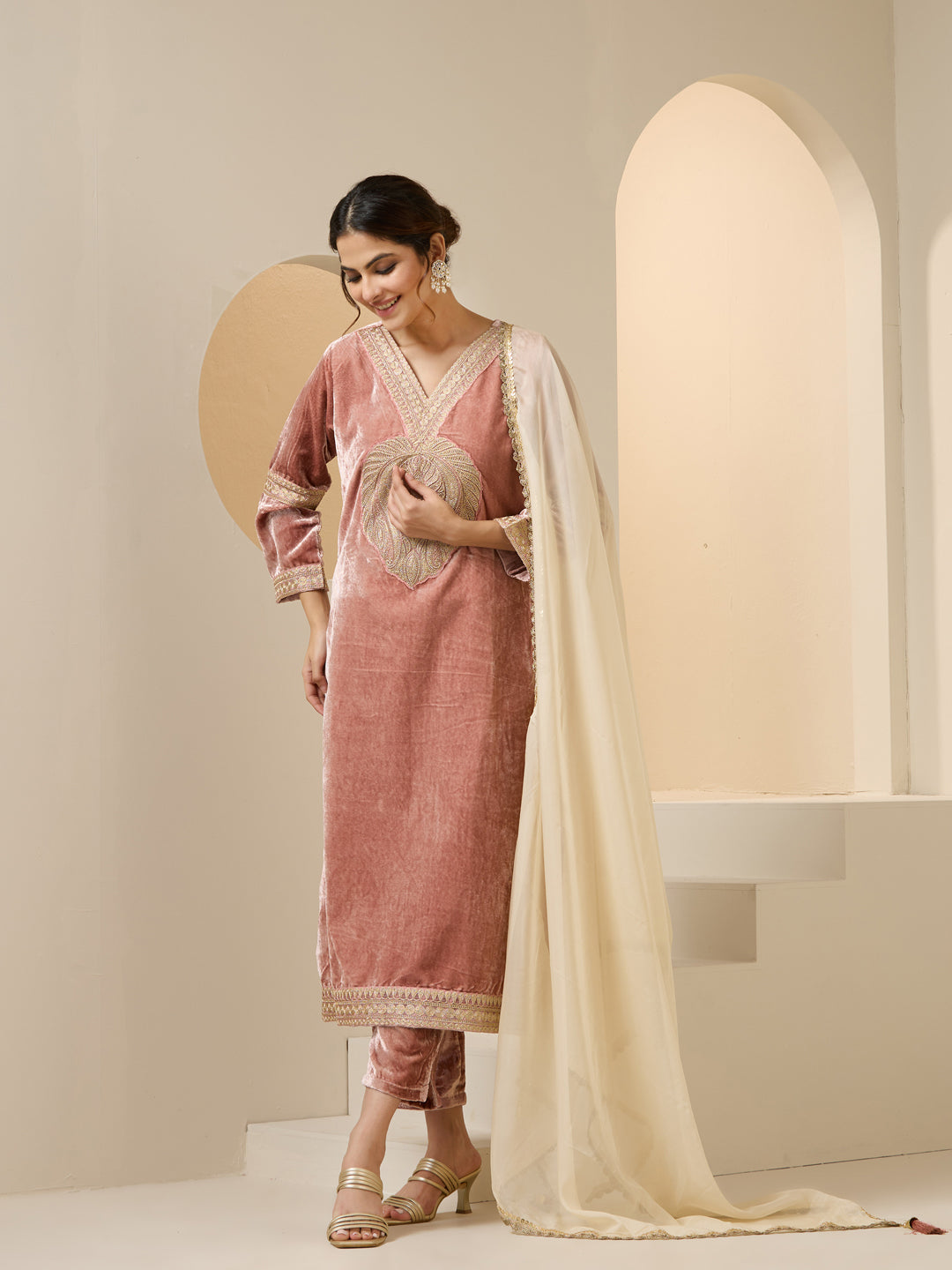 Rich Pink Velvet Embroidered Straight Kurta Set With Dupatta