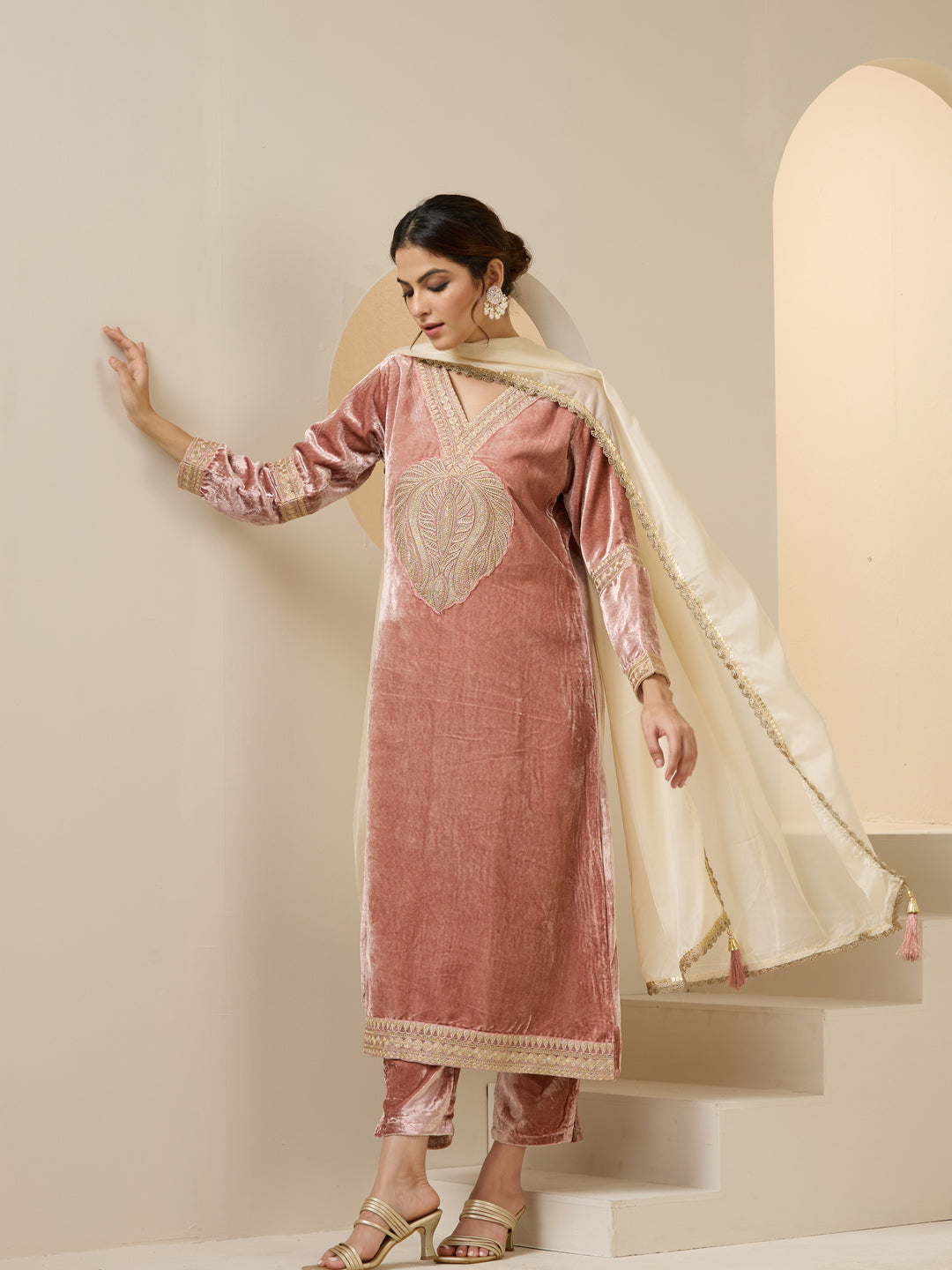 Rich Pink Velvet Embroidered Straight Kurta Set With Dupatta