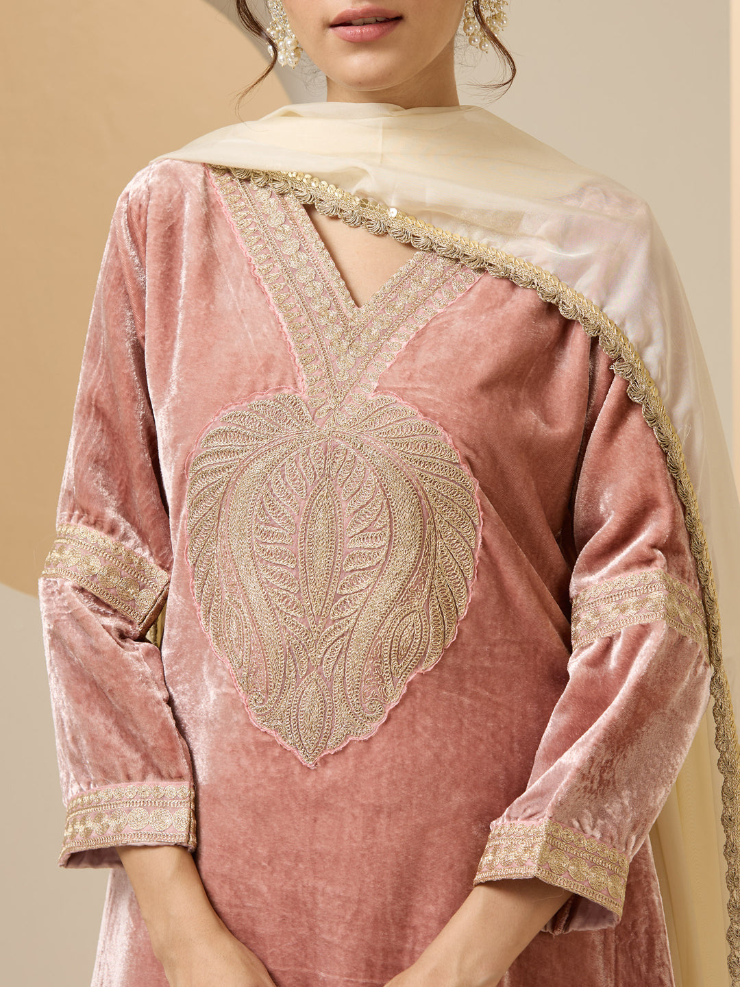 Rich Pink Velvet Embroidered Straight Kurta Set With Dupatta