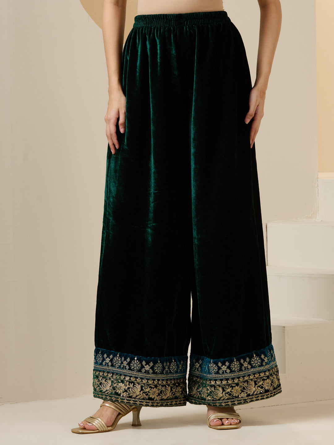 Rich Green Velvet Embroidered Straight Kurta Set With Palazzo Bottom And Dupatta
