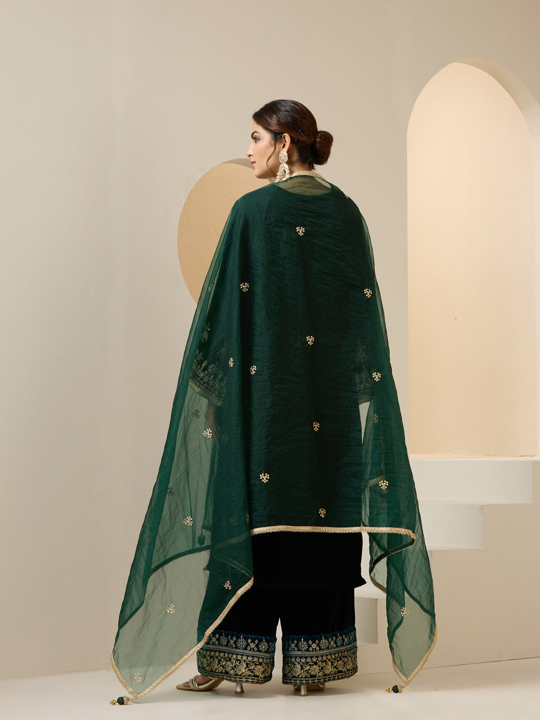 Rich Green Velvet Embroidered Straight Kurta Set With Palazzo Bottom And Dupatta