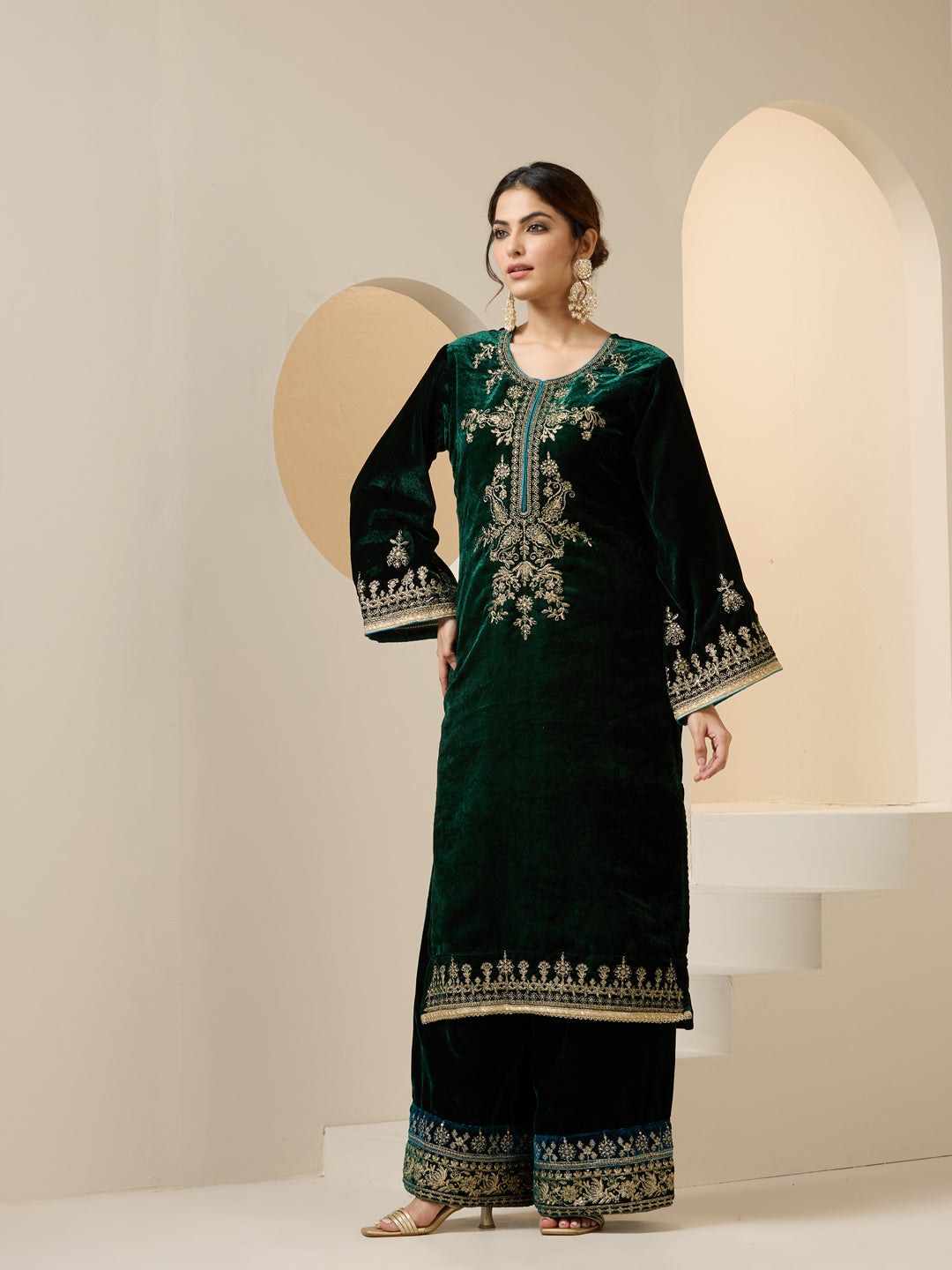 Rich Green Velvet Embroidered Straight Kurta Set With Palazzo Bottom And Dupatta