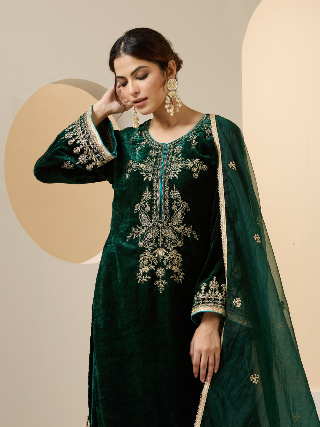 Rich Green Velvet Embroidered Straight Kurta Set With Palazzo Bottom And Dupatta
