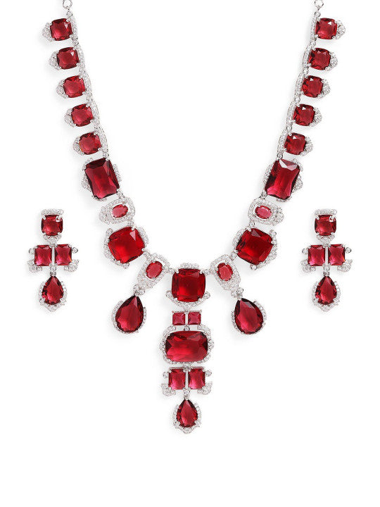 Ishin Red  Colour Silver Plated American Diamond Jewellery Set